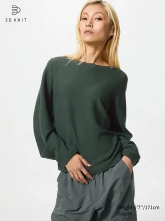 Dames 3D Knit katoenen trui met volumineuze mouwen
