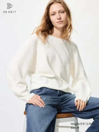 Dames 3D Knit katoenen trui met volumineuze mouwen