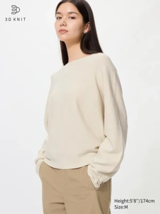 Dames 3D Knit katoenen trui met volumineuze mouwen