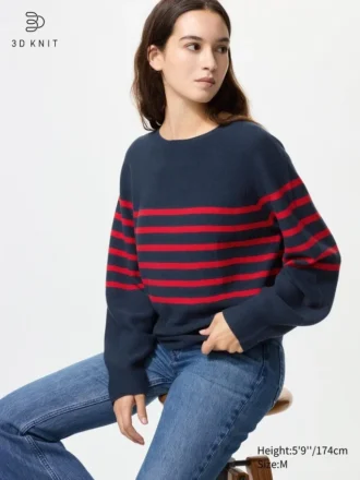 Dames 3D Knit katoenen trui met volumineuze mouwen | Gestreepte