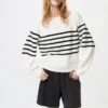 Dames 3D Knit katoenen trui met volumineuze mouwen | Gestreepte