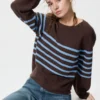 Dames 3D Knit katoenen trui met volumineuze mouwen | Gestreepte