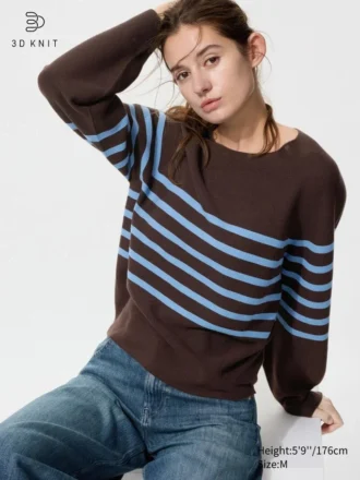 Dames 3D Knit katoenen trui met volumineuze mouwen | Gestreepte