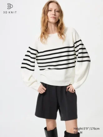 Dames 3D Knit katoenen trui met volumineuze mouwen | Gestreepte
