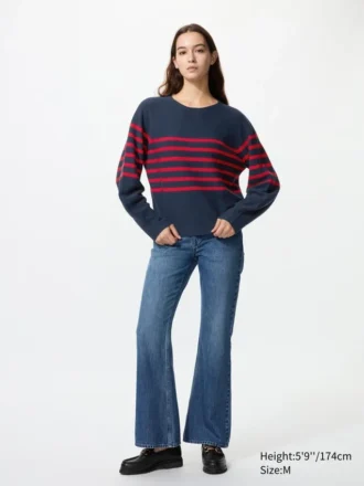 Dames 3D Knit katoenen trui met volumineuze mouwen | Gestreepte