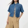 Dames denim boxy overhemd | Halflange mouwen