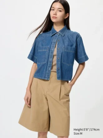 Dames denim boxy overhemd | Halflange mouwen