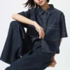 Dames denim boxy overhemd | Halflange mouwen