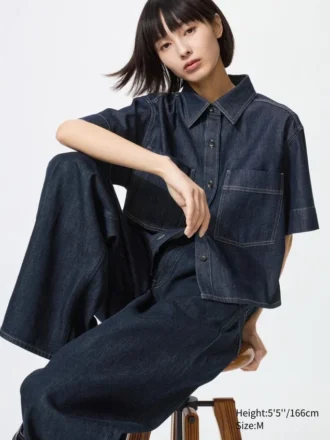 Dames denim boxy overhemd | Halflange mouwen