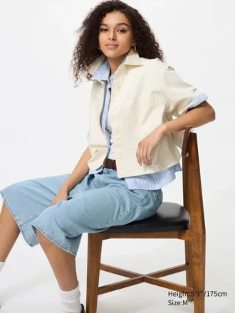 Dames denim boxy overhemd | Halflange mouwen
