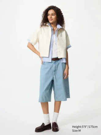 Dames denim boxy overhemd | Halflange mouwen