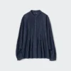 Dames denim overhemd met pintucks en korte mouwen