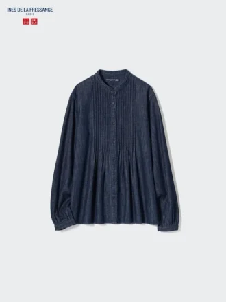 Dames denim overhemd met pintucks en korte mouwen
