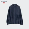 Dames denim overhemd met pintucks en korte mouwen