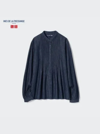 Dames denim overhemd met pintucks en korte mouwen