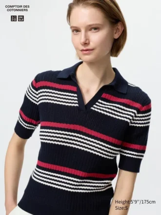 Dames katoenen Pointelle Skipper-polotrui | Gestreepte