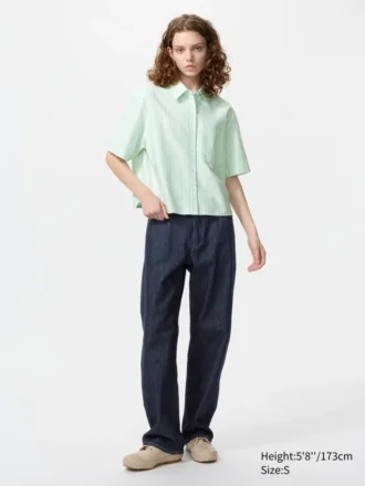Dames Oxford Boxy overhemd met korte mouwen | Gestreepte