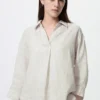 Dames Premium Linen shirt met skipperkraag en 3/4 mouwen | Gestreepte