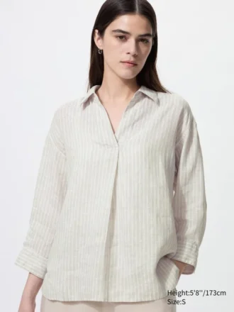 Dames Premium Linen shirt met skipperkraag en 3/4 mouwen | Gestreepte