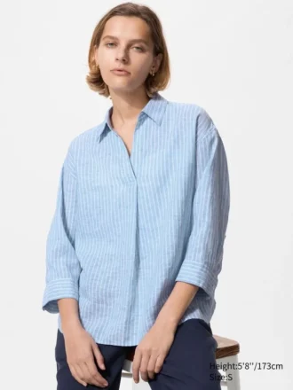 Dames Premium Linen shirt met skipperkraag en 3/4 mouwen | Gestreepte