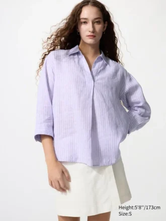 Dames Premium Linen shirt met skipperkraag en 3/4 mouwen | Gestreepte