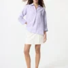 Dames Premium Linen shirt met skipperkraag en 3/4 mouwen | Gestreepte