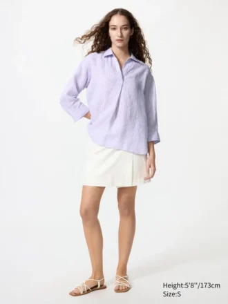 Dames Premium Linen shirt met skipperkraag en 3/4 mouwen | Gestreepte