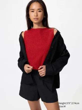 Dames T-shirt zonder mouwen met gerimpelde boord en boothals