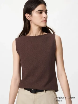 Dames T-shirt zonder mouwen met gerimpelde boord en boothals