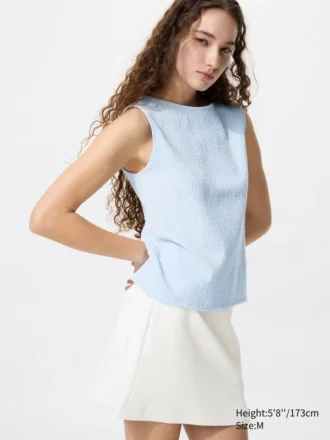 Dames T-shirt zonder mouwen met gerimpelde boord en boothals