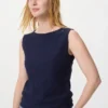 Dames T-shirt zonder mouwen met gerimpelde boord en boothals