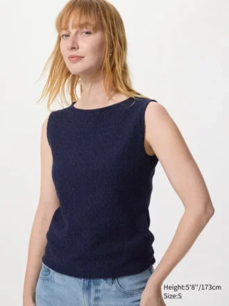 Dames T-shirt zonder mouwen met gerimpelde boord en boothals