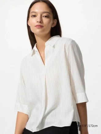 Damesblouse van rayon met skipperkraag en 3/4 mouwen | Gestreepte