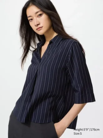 Damesblouse van rayon met skipperkraag en 3/4 mouwen | Gestreepte