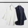 Damesblouse van rayon met skipperkraag en 3/4 mouwen | Gestreepte