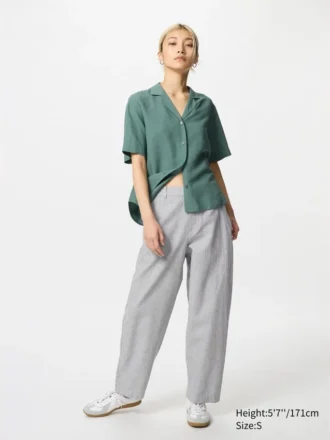 Tapered broek van linnen en katoen voor dames | Gestreepte