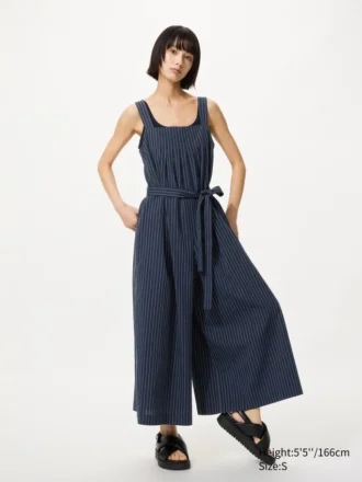 Damesjumpsuit van linnenmix met plooien | Gestreepte