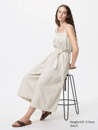 Damesjumpsuit van linnenmix met plooien | Gestreepte