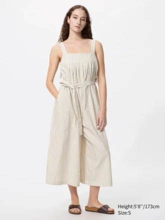 Damesjumpsuit van linnenmix met plooien | Gestreepte