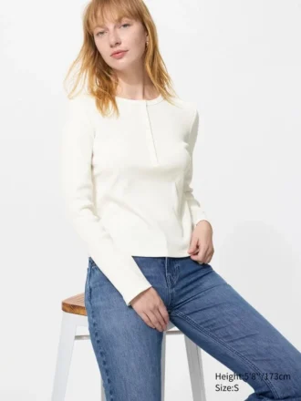 Geribd Henley-T-shirt voor dames