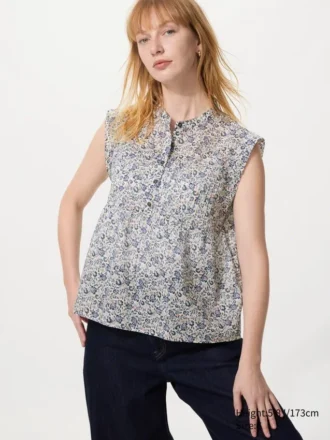 Lichte katoenen blouse met plooitjes voor dames | Mouwloos | Print