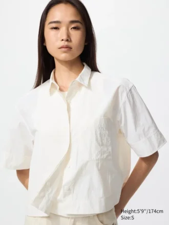 Nylon kort overhemd met boxy pasvorm voor dames | Halflange mouwen