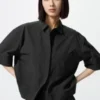 Nylon kort overhemd met boxy pasvorm voor dames | Halflange mouwen