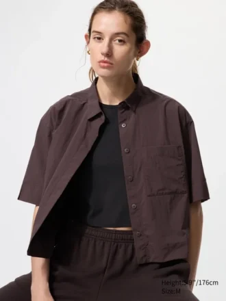 Nylon kort overhemd met boxy pasvorm voor dames | Halflange mouwen