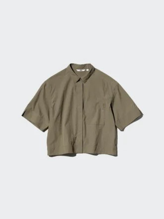 Nylon kort overhemd met boxy pasvorm voor dames | Halflange mouwen