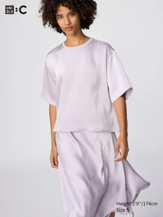 Oversized korte satijnen blouse voor dames | Halflange mouwen