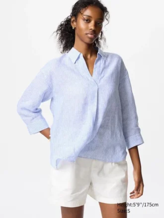 Premium Linen damesoverhemd met skipp kraag | Gestreepte
