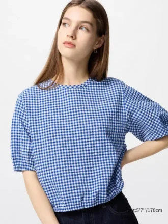 Seersucker-blouse met volume voor dames | Gingham