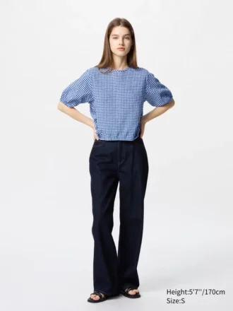 Seersucker-blouse met volume voor dames | Gingham