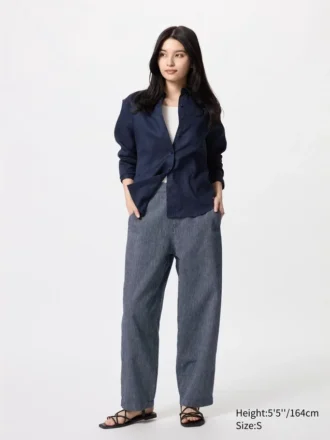 Tapered broek van linnen en katoen voor dames | Gestreepte